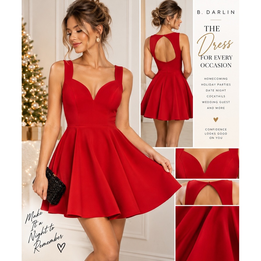 B. Darlin Juniors Red Fit Flare Cocktail Dress Homecoming Holiday Party 1/2